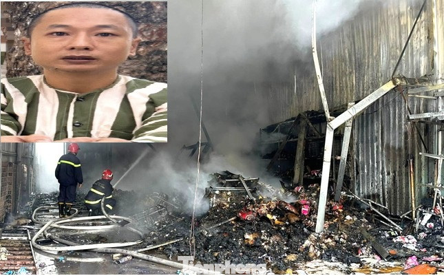 Đối tượng Hoàng Minh Hải (ảnh nhỏ) và hiện trường đám cháy cửa hàng tạp hóa
