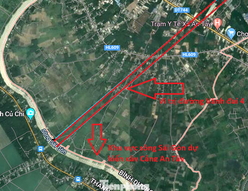 Khu vực dự kiến xây Cảng An Tây nằm bên sông Sài Gòn, gần với đường Vành đai 4 TPHCM Khu vực dự kiến xây Cảng An Tây nằm bên sông Sài Gòn, gần với đường Vành đai 4 TPHCM