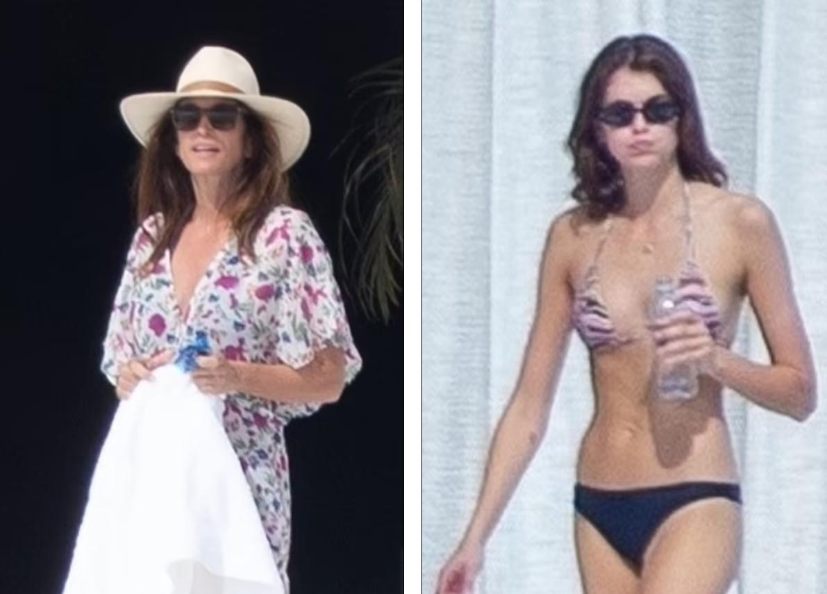 Gia đình nhà siêu mẫu huyền thoại Cindy Crawford nhanh chóng lọt ống kính giới săn ảnh. Dù hình chụp từ xa nhưng vẫn cho thấy vóc dáng thanh mảnh 0% mỡ thừa của Kaia Gerber (SN 2001) - con gái của Cindy Crawford.