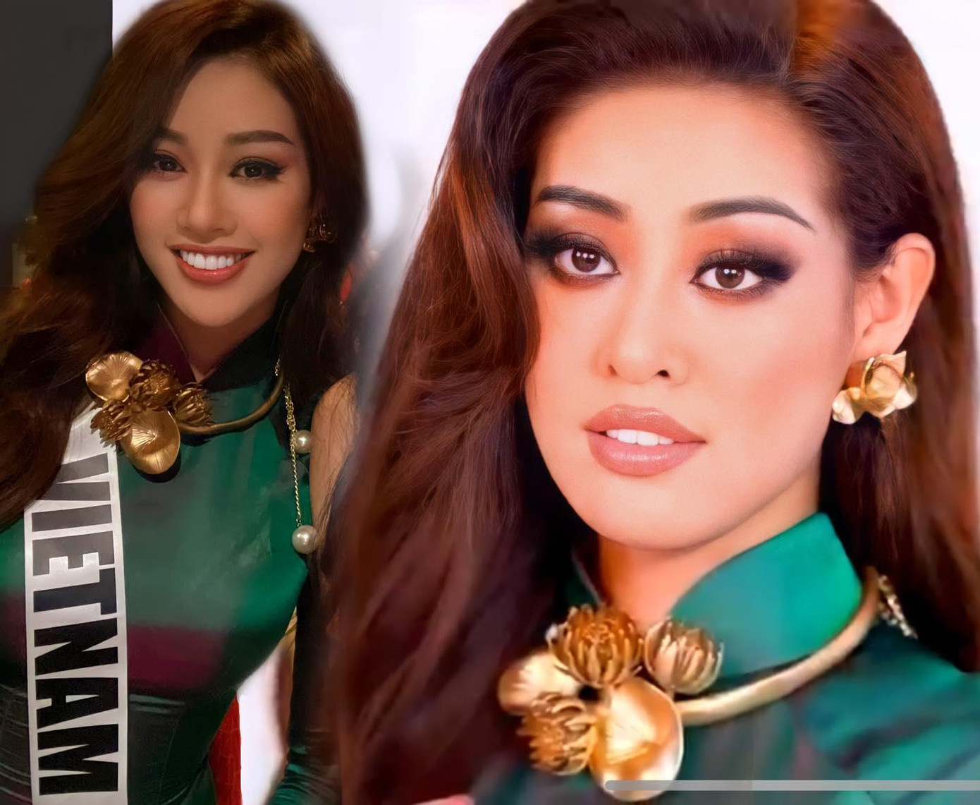 Điểm nhấn của bộ trang phục chính là loạt phụ kiện kèm theo như vòng cổ, túi cầm tay mô phỏng hoạ tiết hoa sen độc đáo.