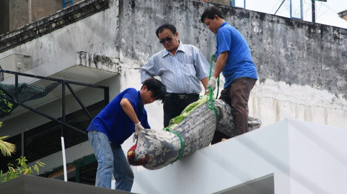 Nạn nhân đang được đưa xuống từ tầng thượng