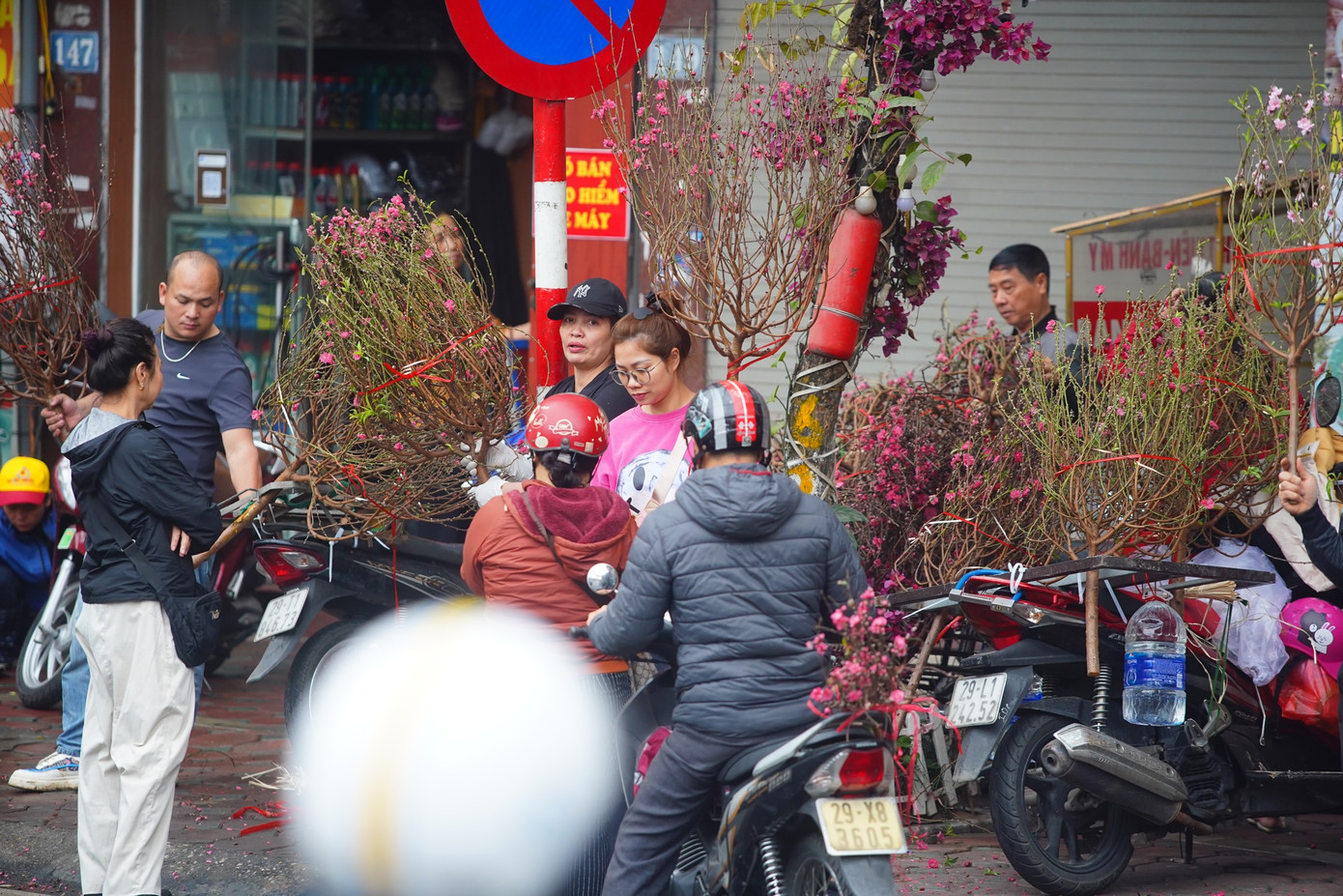 Tiểu thương bán đào cành chào mời khách.