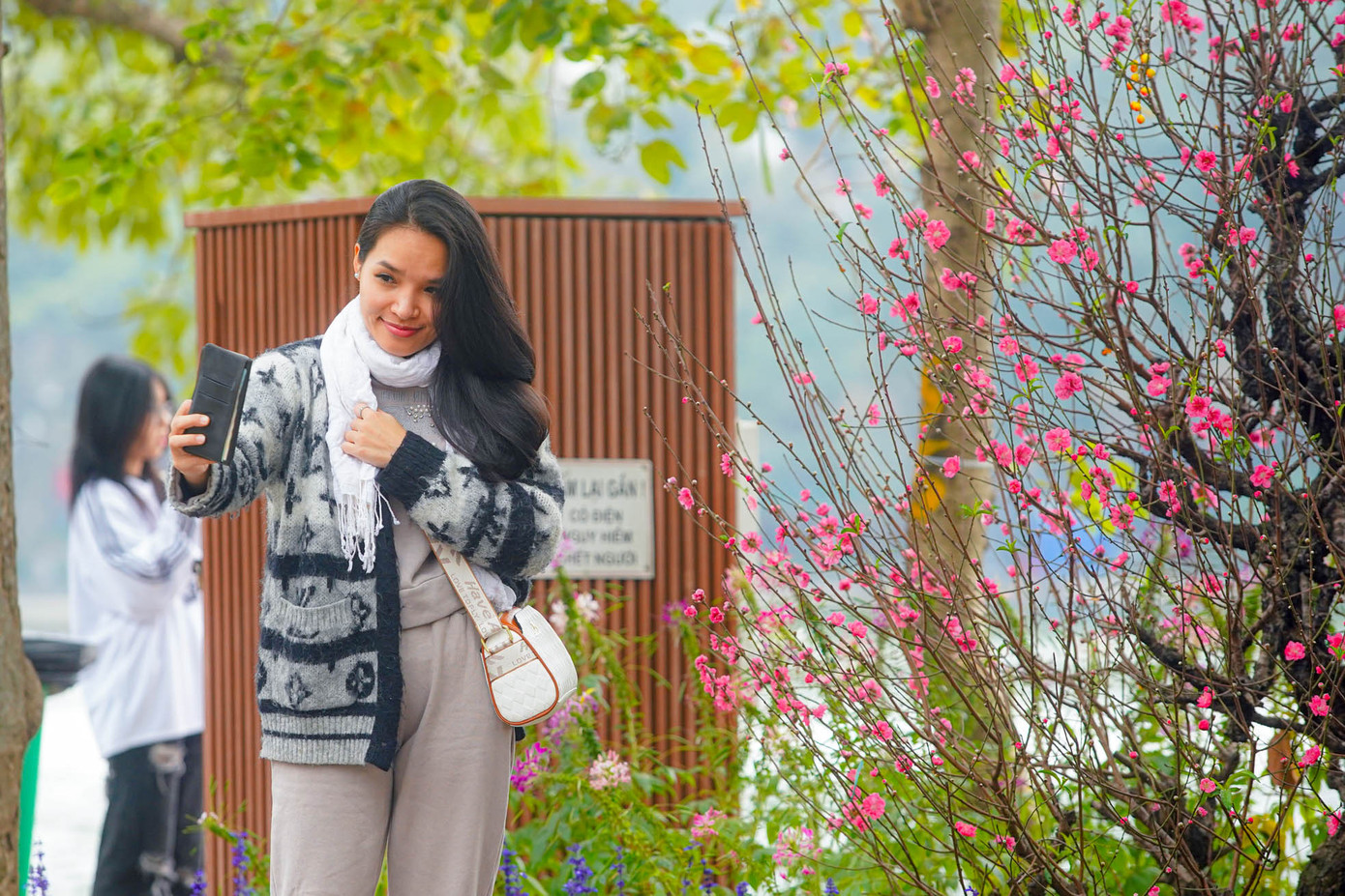 Có thêm sắc đào, 19 ô thảm hoa quanh hồ trở nên lung linh, rực rỡ.