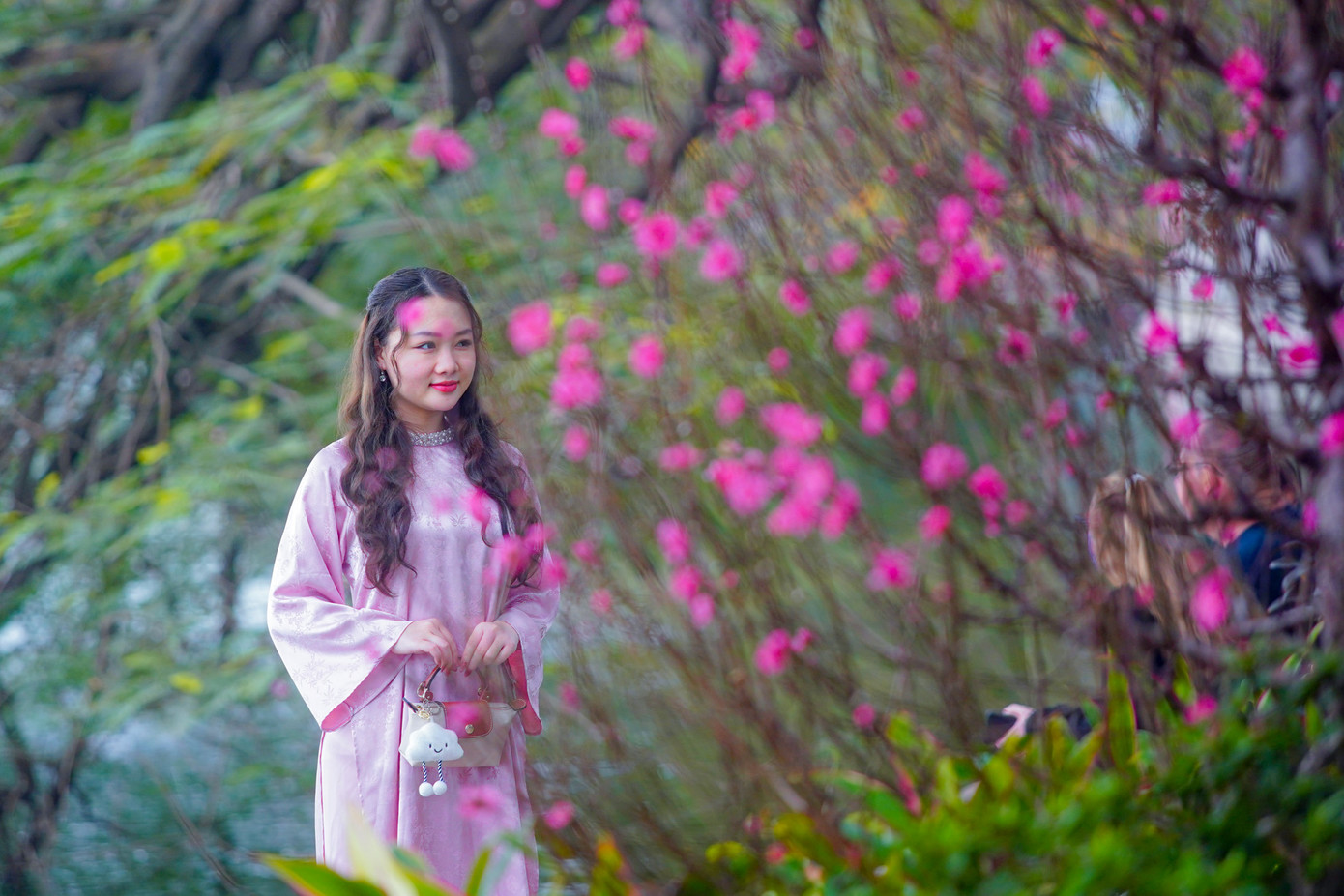 Khu vực thảm hoa với điểm nhấn cây đào thu hút đông người dân và du khách chụp ảnh.