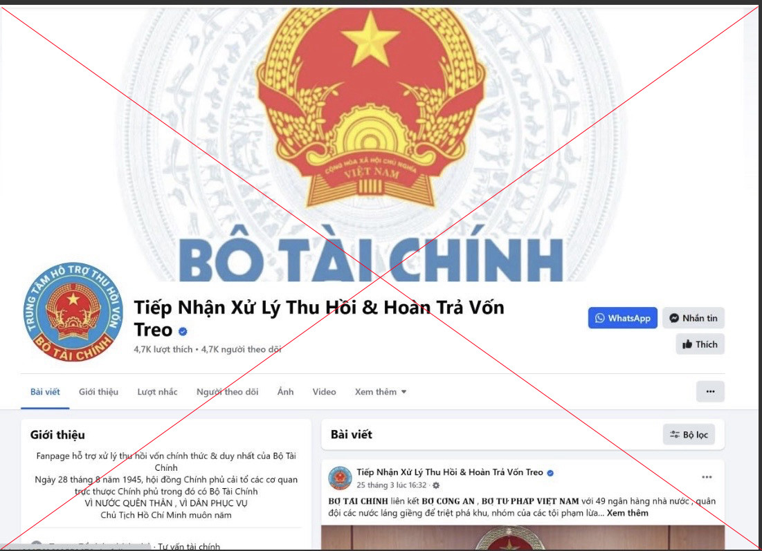 Fanpage giả mạo Bộ Tài chính.