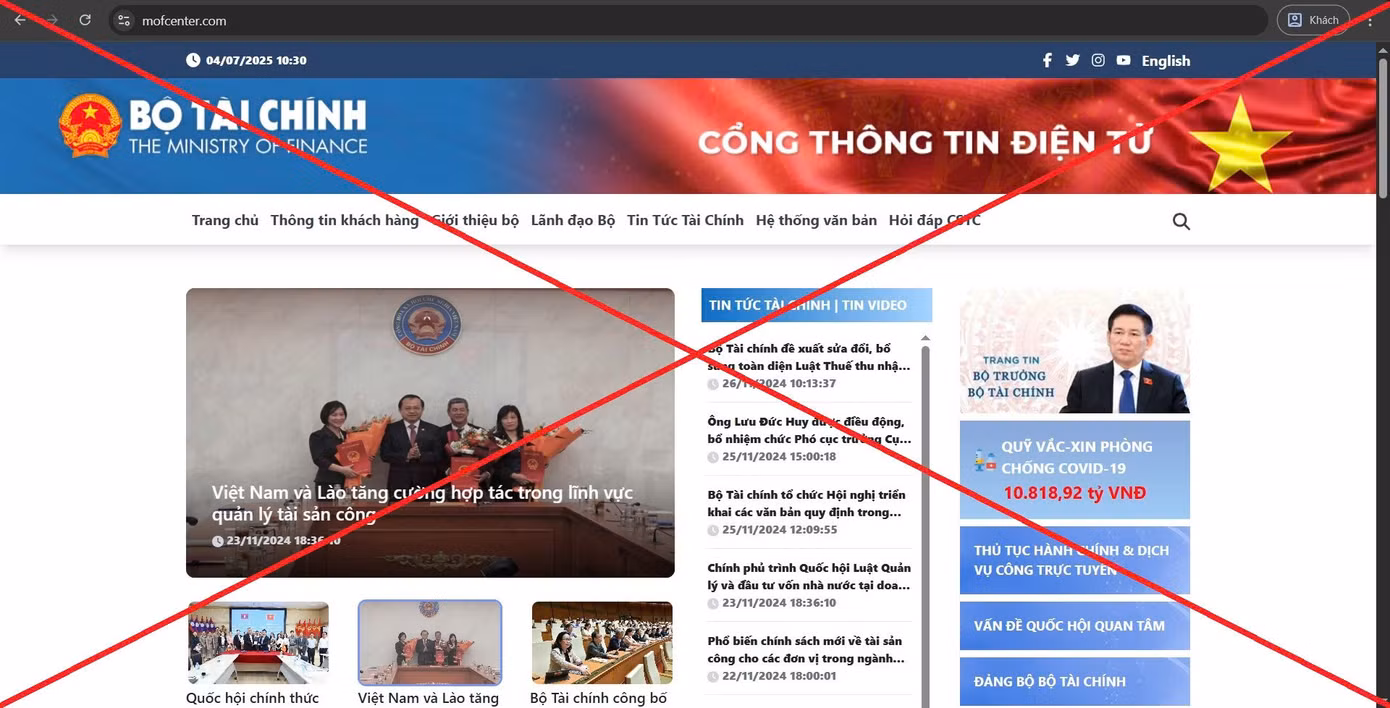 Cổng thông tin điện tử Bộ Tài chính bị giả mạo.