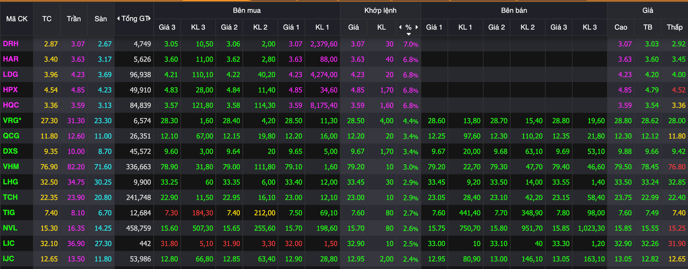 Cổ phiếu bất động sản, các mã nhỏ và vừa đồng loạt tăng giá.