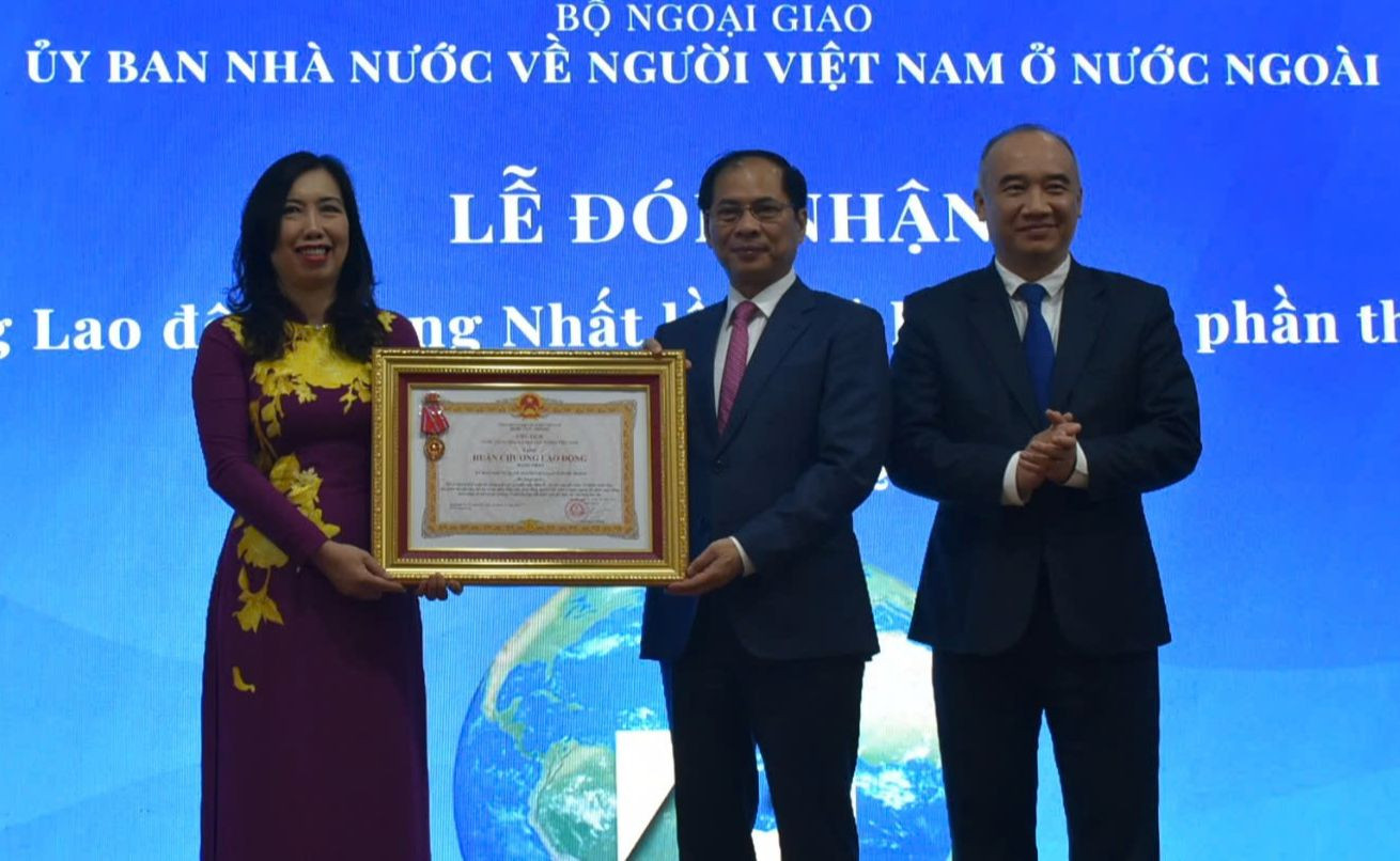 Phó Thủ tướng, Bộ trưởng Ngoại giao Bùi Thanh Sơn thay mặt lãnh đạo Đảng, Nhà nước trao Huân chương Lao động hạng Nhất tặng Ủy ban Nhà nước về NVNONN. (Ảnh:L.A)