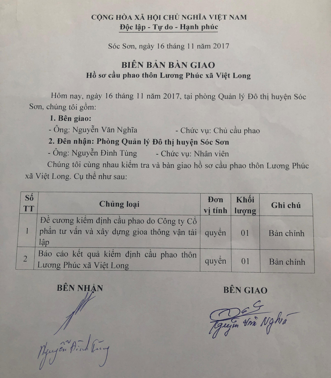 Biên bản bàn giao cầu phao Lương Phúc từ cuối năm 2017.