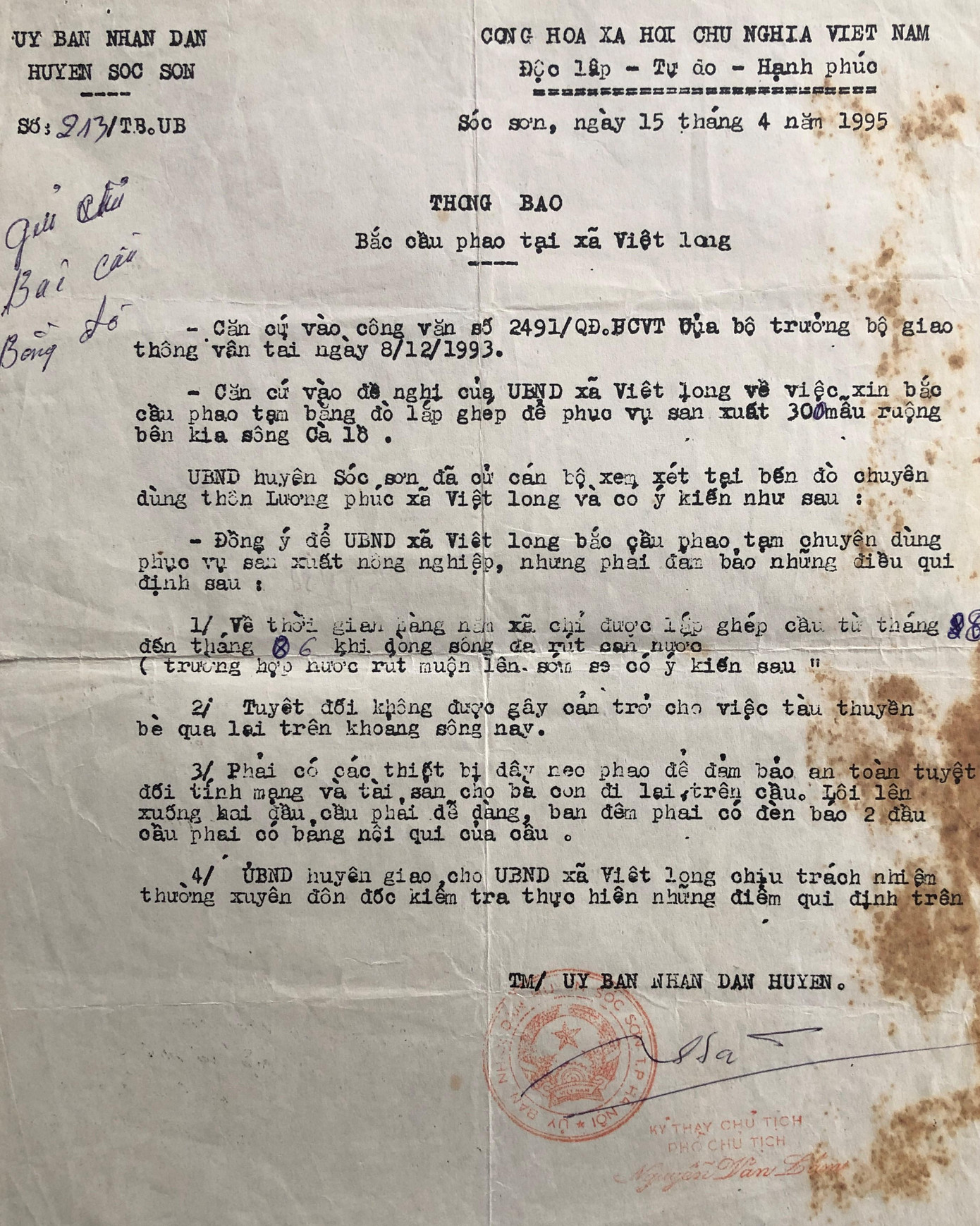 Thông báo bắc cầu phao Lương Phúc từ năm 1995.
