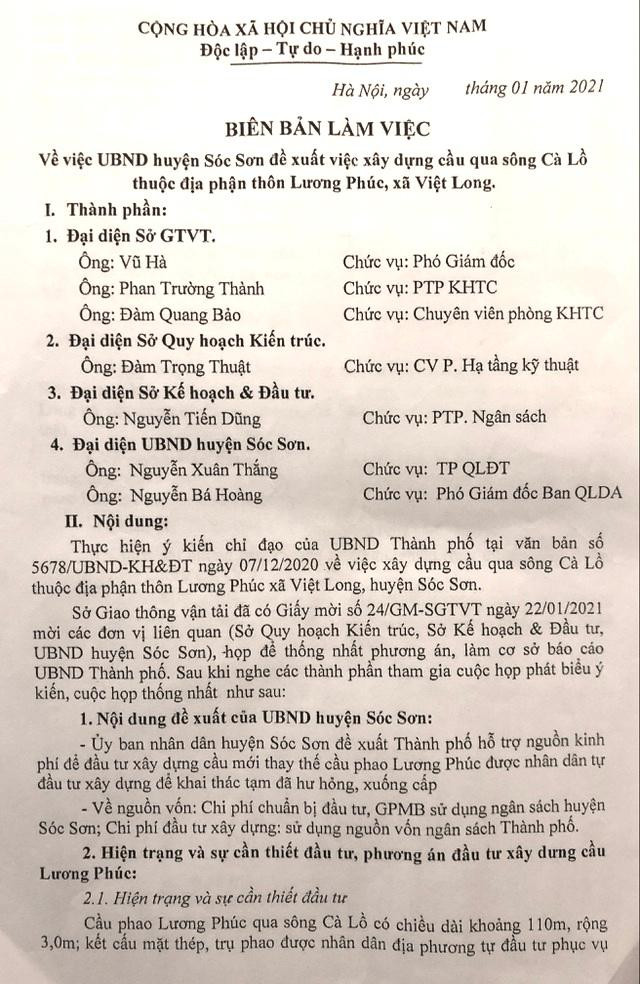 Biên bản làm việc của 3 sở và UBND huyện Sóc Sơn.