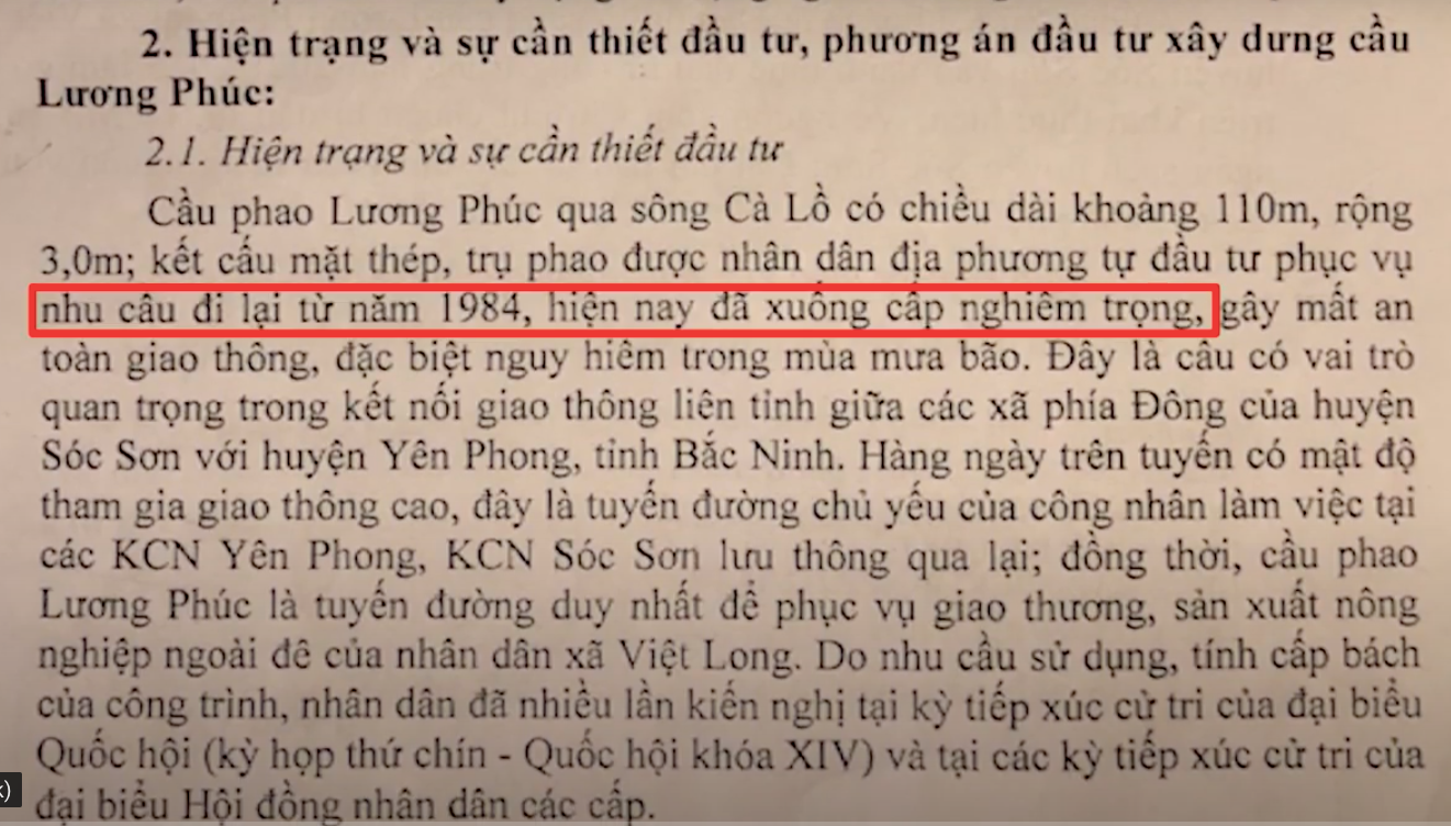 Văn bản 3 sở và UBND huyện Sóc Sơn gửi UBND TP Hà Nội thể hiện cầu Lương Phúc xây dựng từ năm 1984.