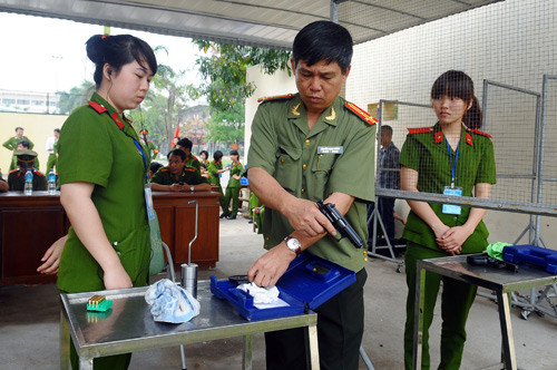 Hội thi năm nay được tổ chức tại 3 cụm thi đấu ở Học viện Cảnh sát Nhân dân. Trên ảnh là cụm thi đấu số 3 gồm 8 học viện, trường học thuộc lực lượng công an khu vực phía Bắc