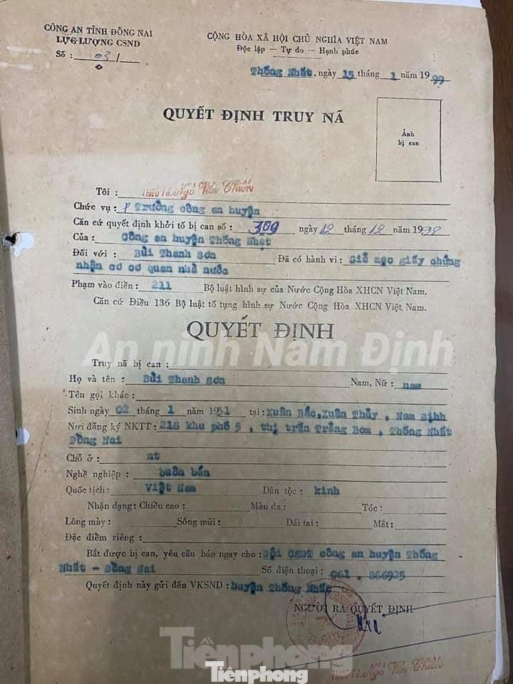 Quyết đinh truy nã của Công an Đồng Nam với Bùi Thanh Sơn - Ảnh: Công an Nam Định Quyết đinh truy nã của Công an Đồng Nam với Bùi Thanh Sơn - Ảnh: Công an Nam Định