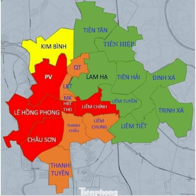 Bản đồ khu vực giãn cách xã hội (vùng đỏ, cam) tại thành phố Phủ Lý
