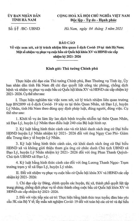 Báo cáo của tỉnh Hà Nam về xử lý trách nhiệm liên quan đến ổ dịch phát sinh tại tỉnh này - Ảnh: Hoàng Long