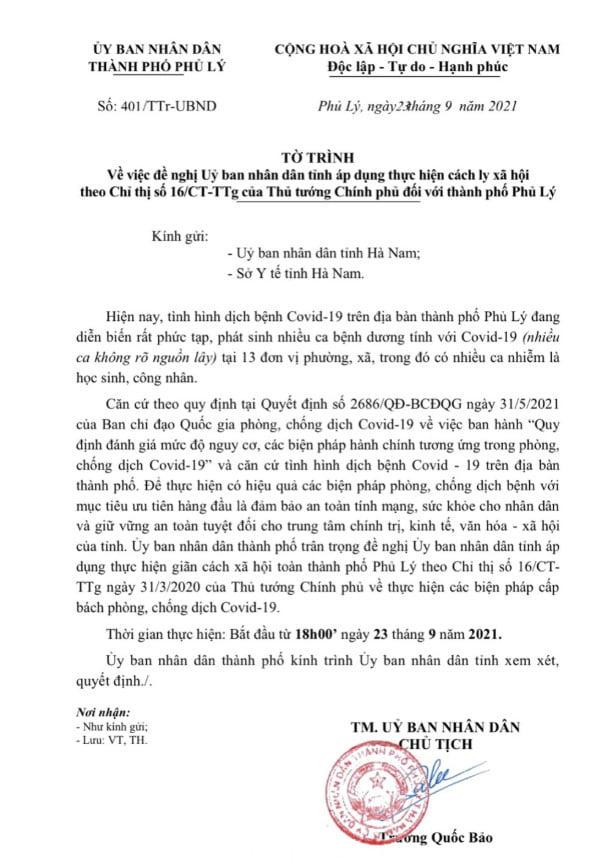Tờ trình của UBND thành phố Phủ Lý đề nghị giãn cách xã hội toàn thành phố - Ảnh: Hoàng Long