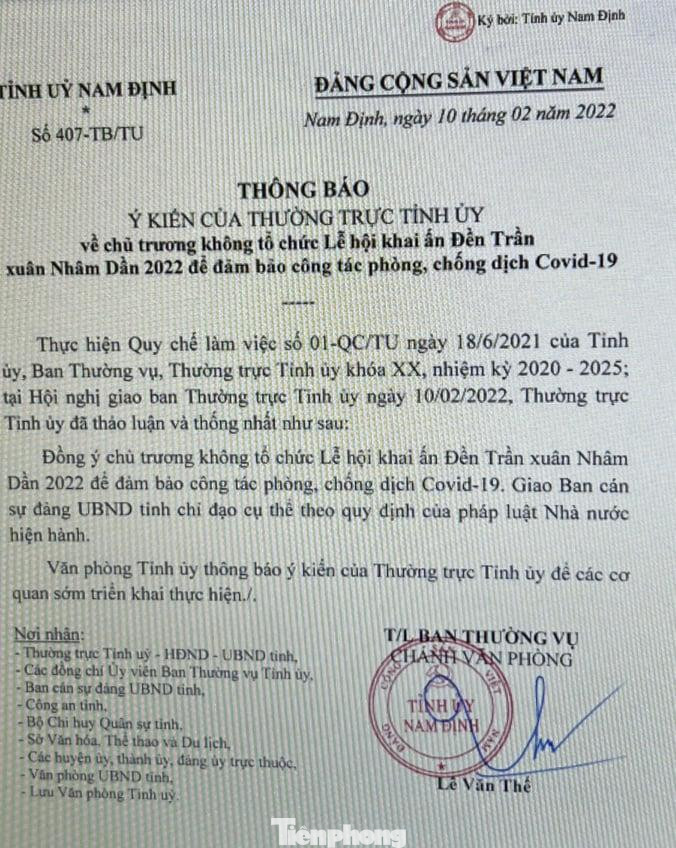 Thường trực Tỉnh uỷ Nam Định ra thông báo về việc dừng tổ chức Lễ hội khai ấn đền Trần - Ảnh: Hoàng Long Thường trực Tỉnh uỷ Nam Định ra thông báo về việc dừng tổ chức Lễ hội khai ấn đền Trần - Ảnh: Hoàng Long