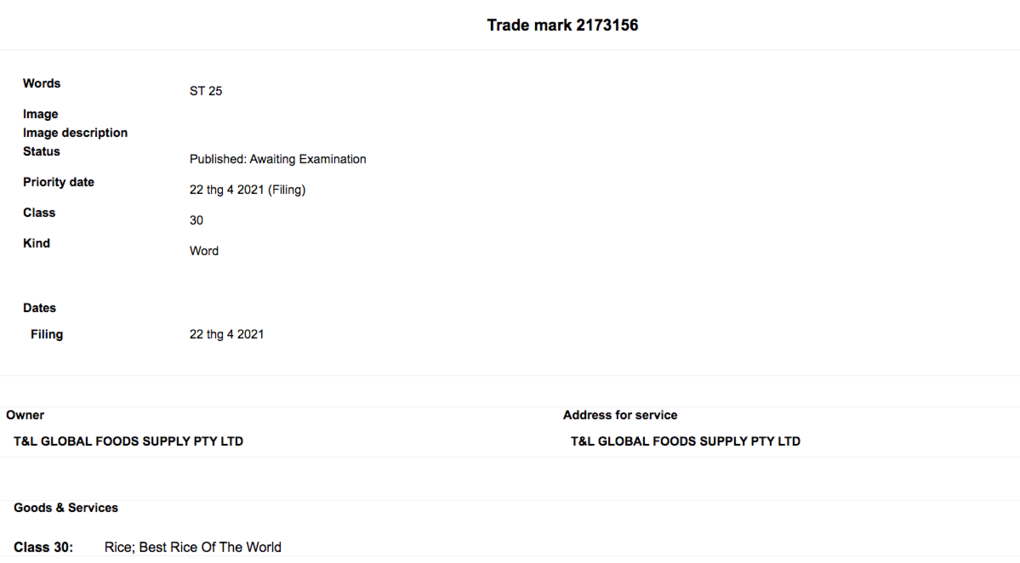 Hồ sơ xin bảo hộ nhãn hiệu gạo ST25 của T&L Global Foods Supply tại Australia. Hồ sơ xin bảo hộ nhãn hiệu gạo ST25 của T&L Global Foods Supply tại Australia.