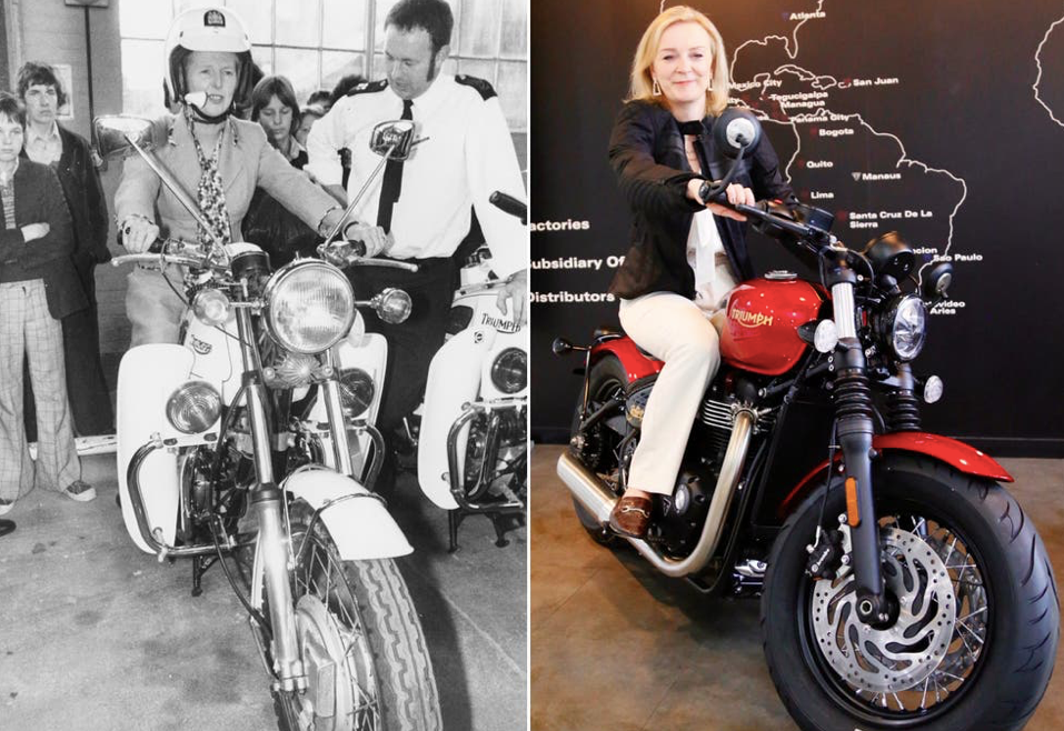 Bức ảnh bà Liz Truss chụp trên xe mô-tô gợi nhớ đến bức ảnh của nữ thủ tướng đầu tiên của Anh Margaret Thatcher (phải). (Ảnh: Getty) Bức ảnh bà Liz Truss chụp trên xe mô-tô gợi nhớ đến bức ảnh của nữ thủ tướng đầu tiên của Anh Margaret Thatcher (phải). (Ảnh: Getty)