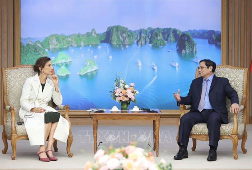 Thủ tướng Phạm Minh Chính tiếp bà Audrey Azoulay, Tổng Giám đốc UNESCO. (Ảnh: TTXVN) Thủ tướng Phạm Minh Chính tiếp bà Audrey Azoulay, Tổng Giám đốc UNESCO. (Ảnh: TTXVN)