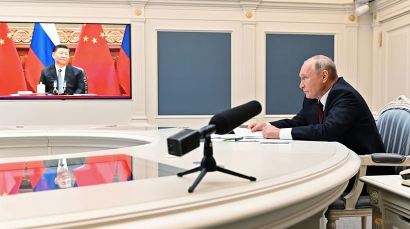 Tổng thống Nga Vladimir Putin trong cuộc hội đàm trực tuyến với Chủ tịch Trung Quốc Tập Cận Bình tháng 6/2021. (Ảnh: Reuters) Tổng thống Nga Vladimir Putin trong cuộc hội đàm trực tuyến với Chủ tịch Trung Quốc Tập Cận Bình tháng 6/2021. (Ảnh: Reuters)