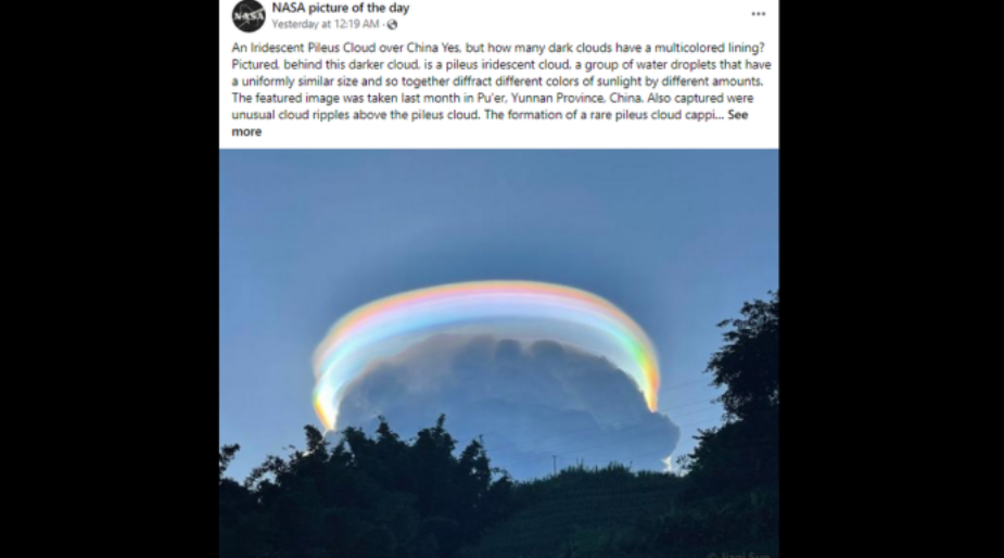 Hình ảnh quầng sáng bảy sắc cầu vồng kỳ lạ ở Trung Quốc được đăng trên trang Facebook của NASA