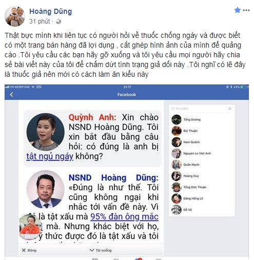 NSND Hoàng Dũng bức xúc vì bị mạo danh bán thuốc trị ngáy ảnh 1