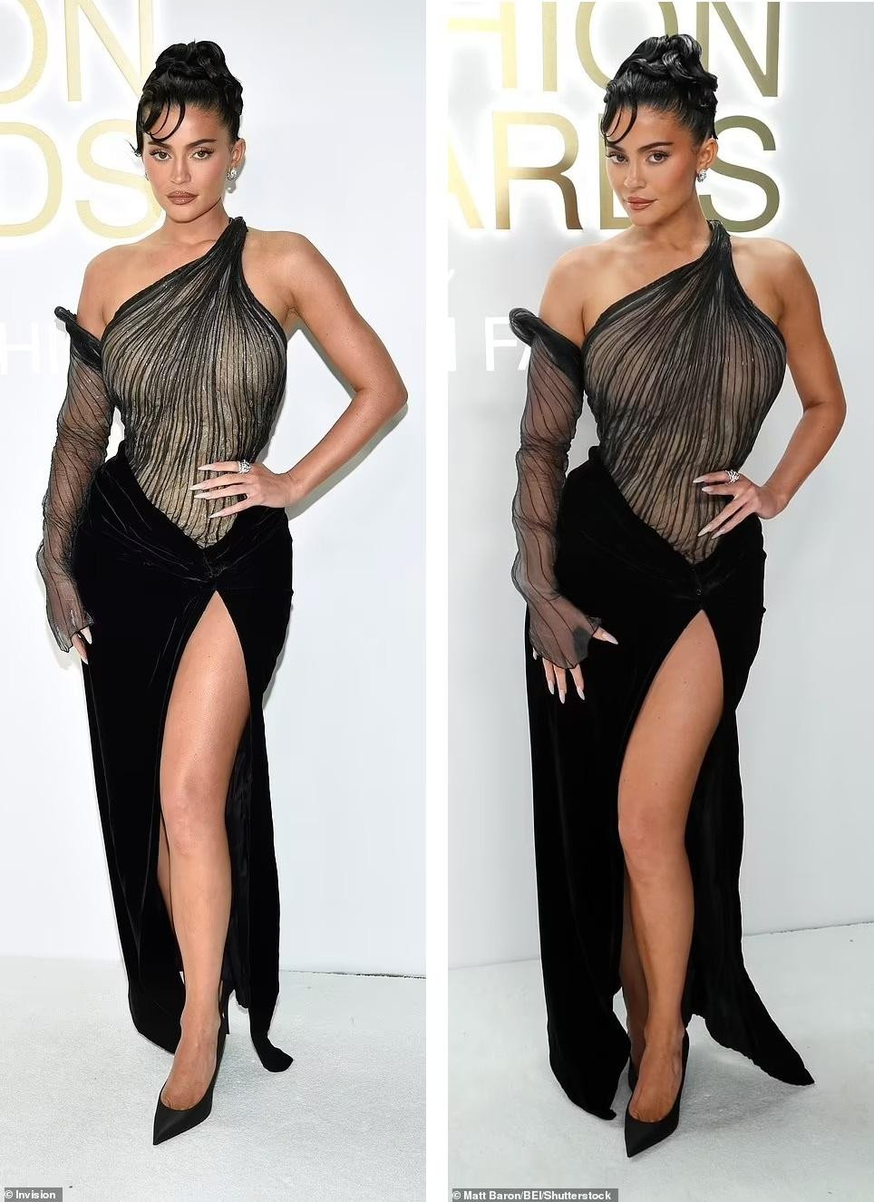 Kylie Jenner mặc váy xẻ đùi màu đen khoe thân hình &quot;đồng hồ cát&quot; gợi cảm. Tuy nhiên, diện mạo tại sự kiện khiến cô già dặn hơn tuổi 25. Ảnh: Invison.