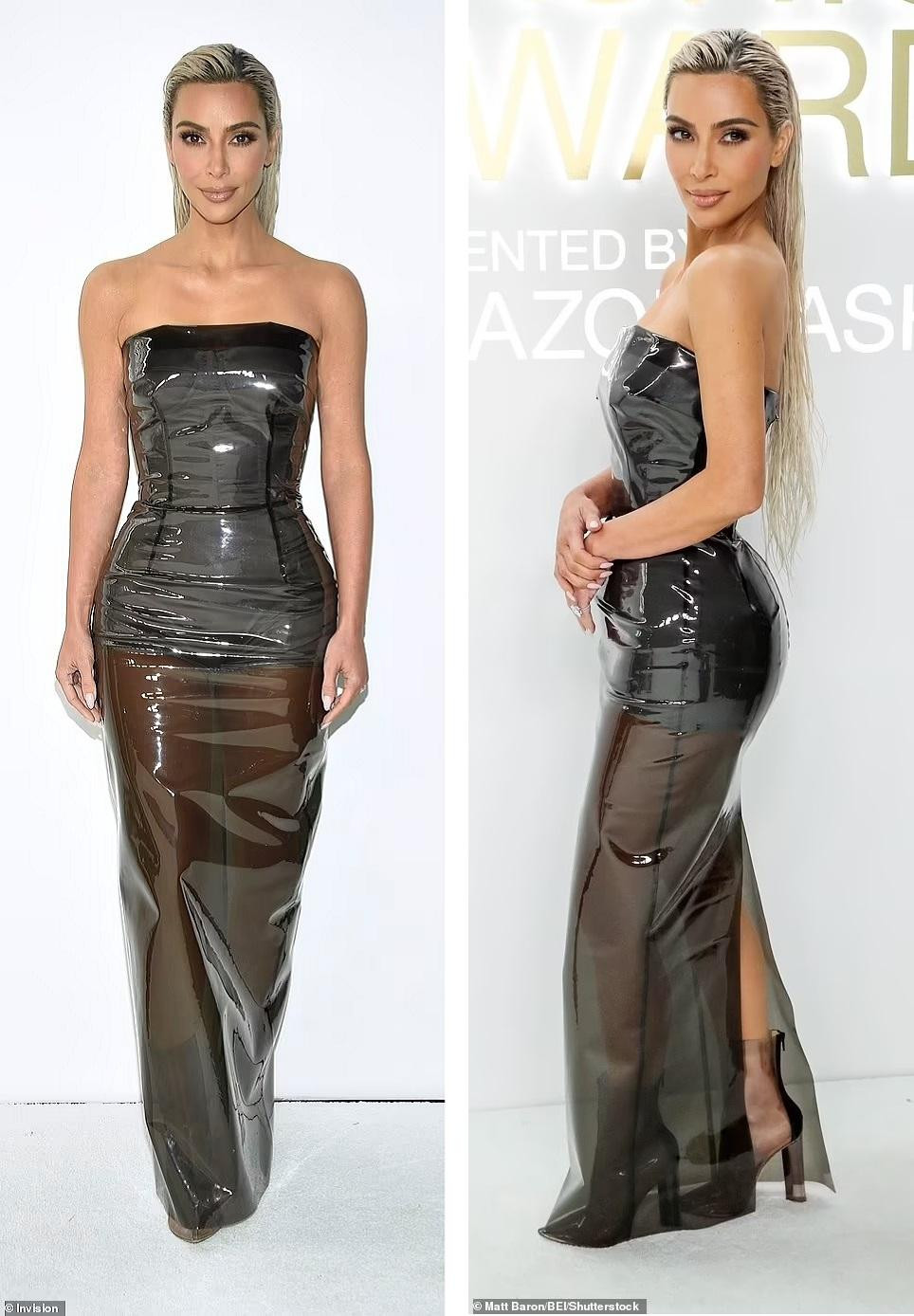Tối 7/11, Lễ trao giải CFDA 2022 diễn ra tại Cipriani South Street ở New York, Mỹ, quy tụ dàn mỹ nhân hàng đầu Hollywood. Kim Kardashian trung thành với trang phục PVC bó sát tôn thân hình &quot;đồng hồ cát&quot; trứ danh. So với trước đây, nữ tỷ phú 8X trông mảnh mai hơn nhiều. Ảnh: Shutterstock.