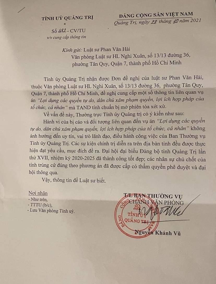 Công văn số 482/CV-TU ngày 28/10/2021 của Tỉnh ủy Quảng Trị về việc cung cấp thông tin liên quan đến vụ án cho Luật sư tham gia bào chữa tại phiên tòa ngày 29 và 30/10/2021. Công văn số 482/CV-TU ngày 28/10/2021 của Tỉnh ủy Quảng Trị về việc cung cấp thông tin liên quan đến vụ án cho Luật sư tham gia bào chữa tại phiên tòa ngày 29 và 30/10/2021.