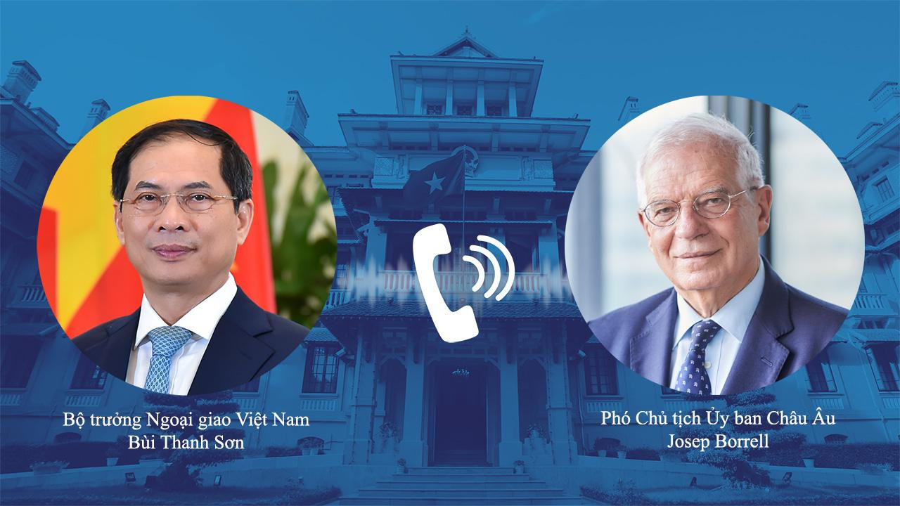 Bộ trưởng Ngoại giao Bùi Thanh Sơn trao đổi với Phó Chủ tịch EC Josep Borrell. (Ảnh: Mofa)
