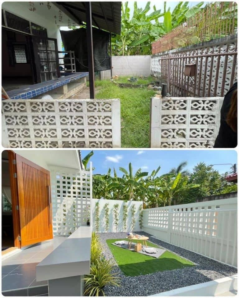 Khu vực sân vườn được cải tạo lại, đập bỏ tường ngăn để không gian rộng rãi hơn.