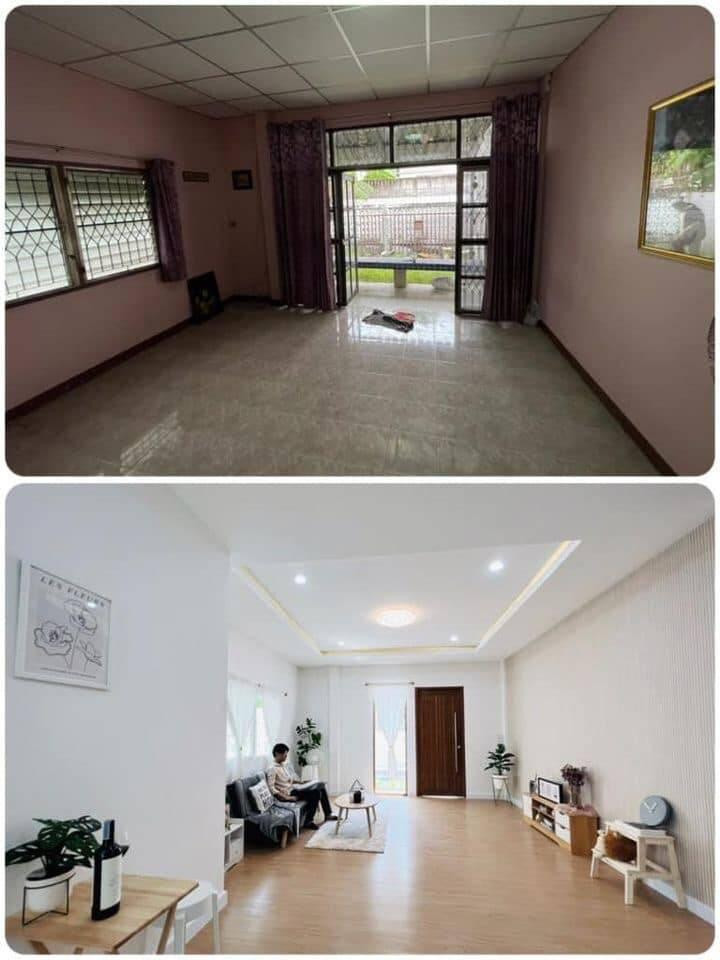 Không gian phòng khách trước và sau cải tạo.