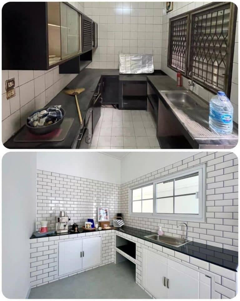 Hình ảnh của căn bếp trước và sau khi được cải tạo.
