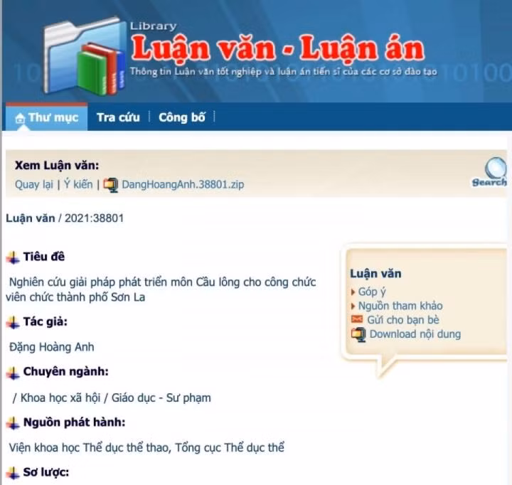 Luận án "Nghiên cứu giải pháp phát triển môn cầu lông cho công chức viên chức TP Sơn La" gây xôn xao dư luận những ngày qua. Luận án "Nghiên cứu giải pháp phát triển môn cầu lông cho công chức viên chức TP Sơn La" gây xôn xao dư luận những ngày qua.