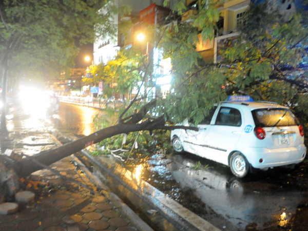Xe taxi bị đè trên phố Chùa Bộc