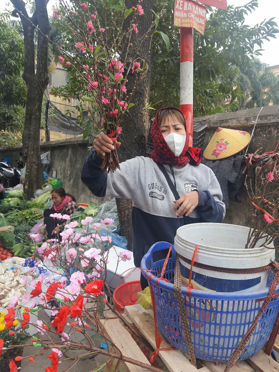 Đào tươi đắt hàng nên người bán hoa bán kèm đào nhân tạo