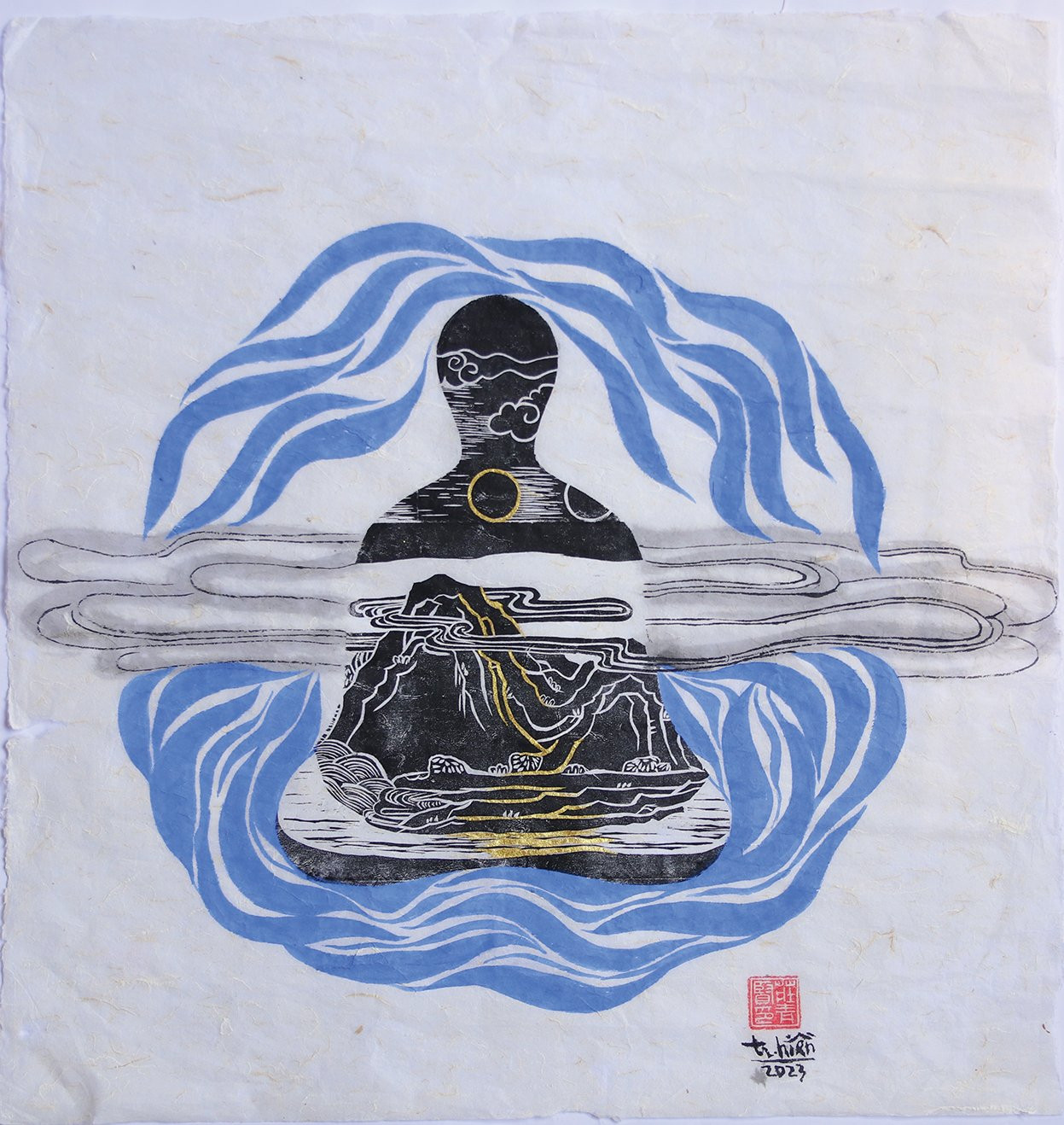 Sông núi 1, Khắc gỗ màu nước, 2023