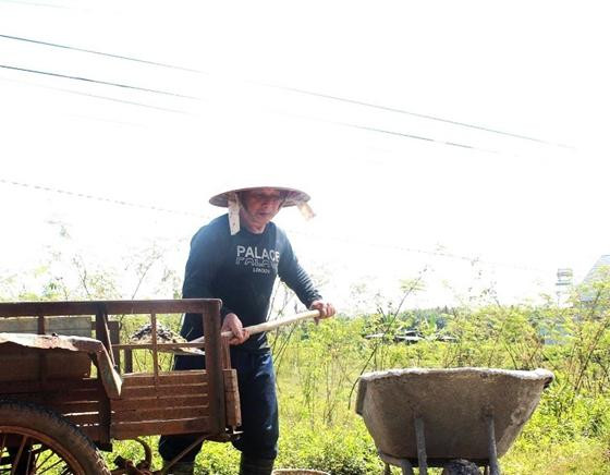 Ông Nguyễn Viết Tuynh trộn bê tông vá đường Ảnh: N.T