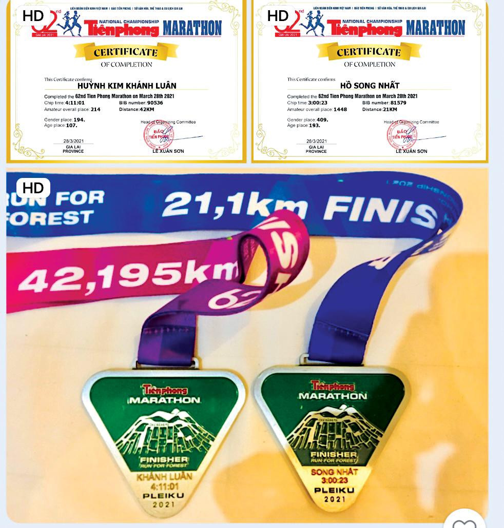 Bằng chứng nhận và huy chương Về đích giải Tiền Phong Marathon 2021 của vợ chồng Huỳnh Luân