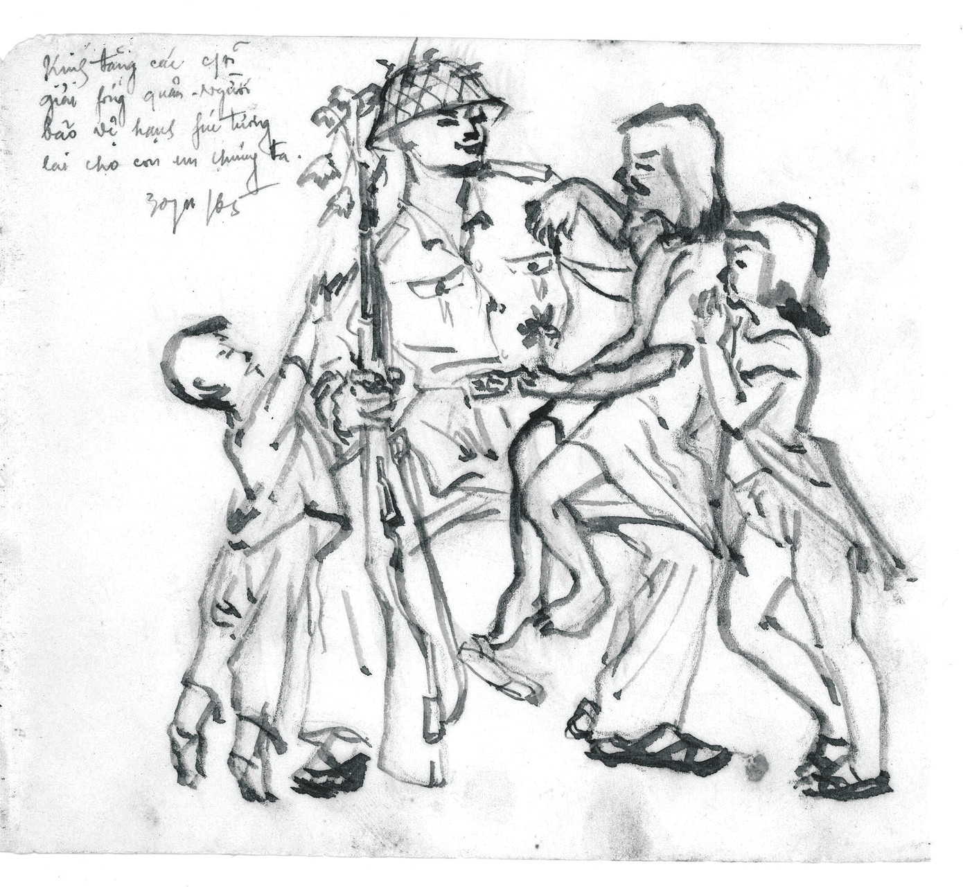 Một trong khoảng 40 bức ký họa đen trắng được lưu giữ từ trận Long Tân Ảnh: Operation Wandering Souls