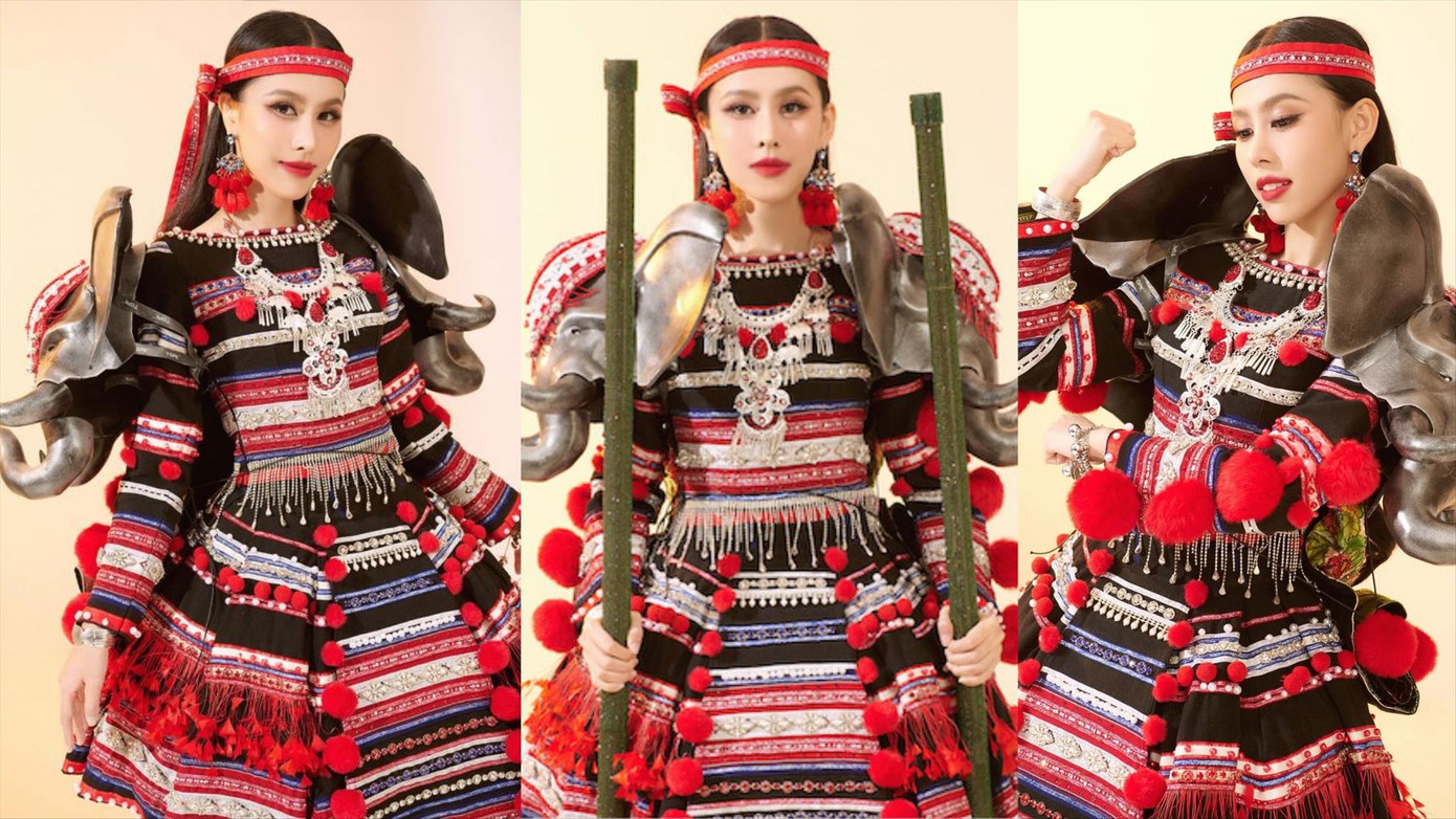 Ngọc Hằng diện trang phục dân tộc mang tên Cà kheo tại cuộc thi. Ngọc Hằng diện trang phục dân tộc mang tên Cà kheo tại cuộc thi.