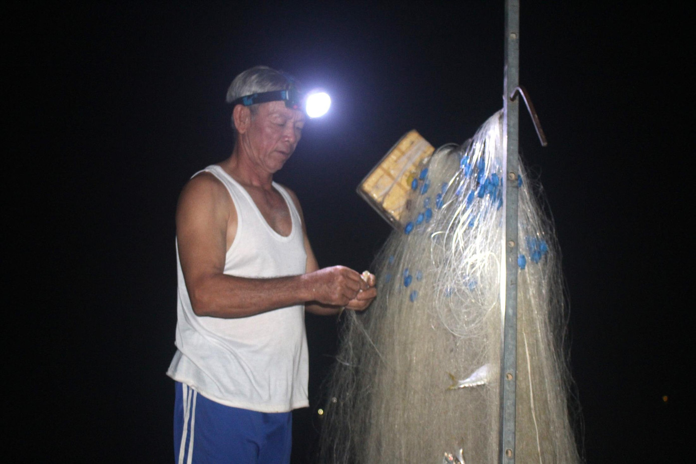 Ông Nguyễn Viết Tín vui mừng khi cá mòi mắc dày lưới Ông Nguyễn Viết Tín vui mừng khi cá mòi mắc dày lưới