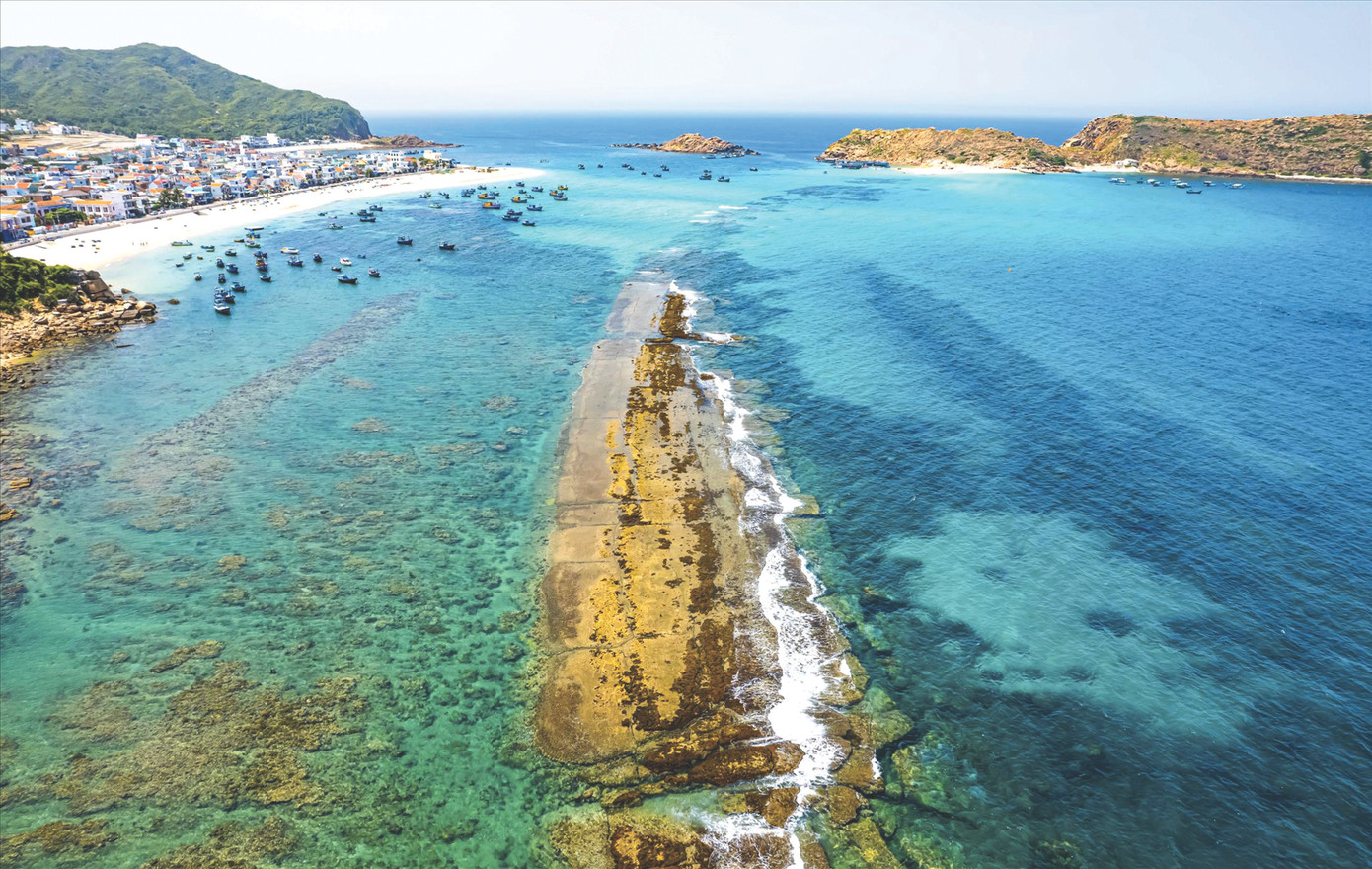 Khi thủy triều rút, tường thành trước mặt biển xã Nhơn Hải hiện lên