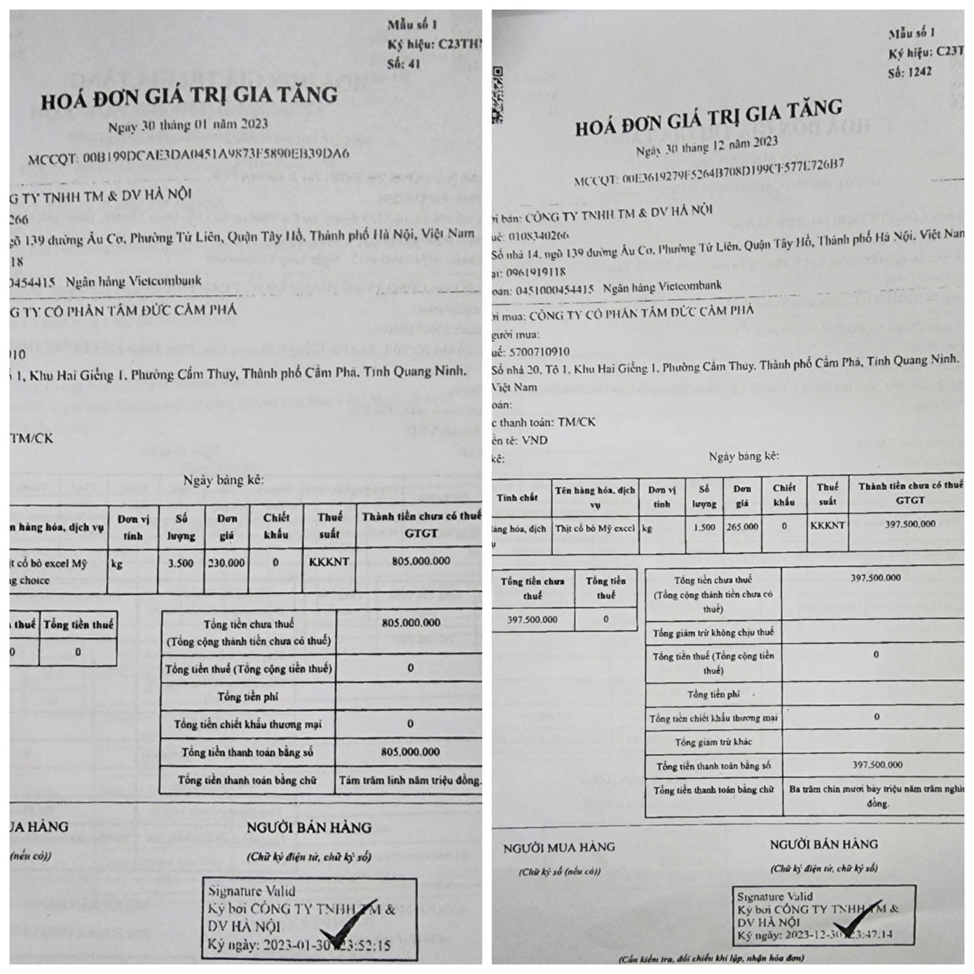 Giá thị bò của Tâm Đức Cẩm Phả nhập vào thể hiện qua hóa đơn chỉ từ 230 nghìn đồng/1kg