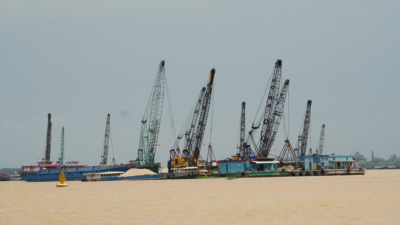 Nhiều xáng cạp nằm bất động giữa sông Tiền (Chợ Mới, An Giang) sau khi đường dây cát lậu của Công ty Trung Hậu – 68 bị cơ quan Cảnh sát điều tra Bộ Công an vào cuộc điều tra, xử lý. Ảnh: Hòa Hội