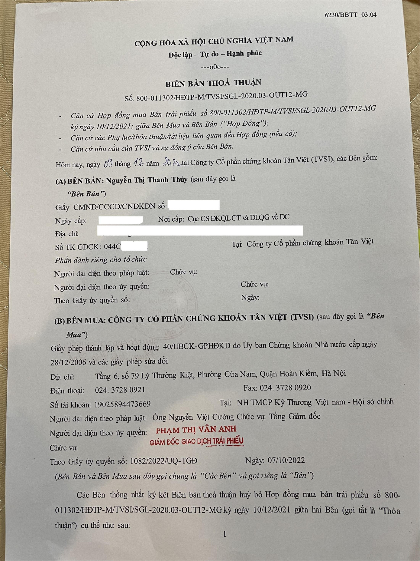Hợp đồng gia hạn mua trái phiếu của Công ty Chứng khoán Tân Việt có “cài” nội dung về hủy bỏ hợp đồng mua lại TPDN Ảnh: Nguyễn Bằng Hợp đồng gia hạn mua trái phiếu của Công ty Chứng khoán Tân Việt có “cài” nội dung về hủy bỏ hợp đồng mua lại TPDN Ảnh: Nguyễn Bằng