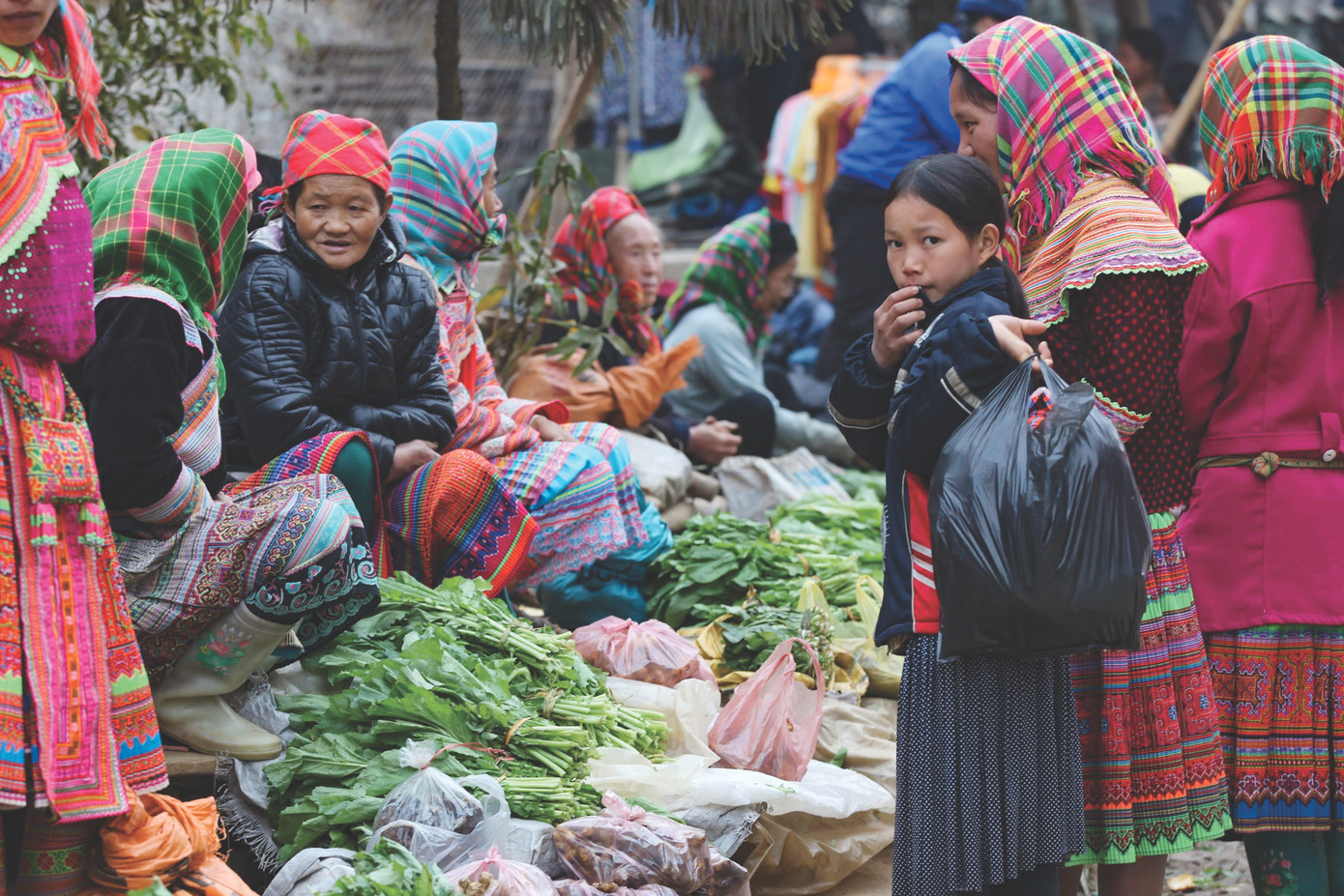 Khu bán rau ở chợ phiên Vĩnh Yên, Bảo Yên, Lào Cai chủ yếu chỉ có cải mèo của người Mông và gừng dé trồng trên núi