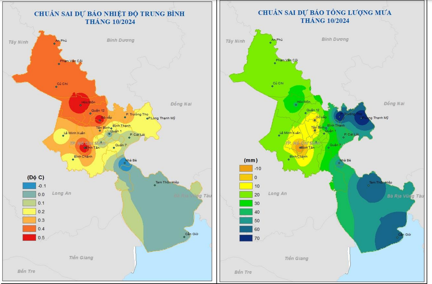 Bản đồ dự báo chuẩn sai nhiệt độ trung bình (bên trái) và lượng mưa (bên phải) tại TPHCM trong tháng 10/2024. Nguồn: Đài Khí tượng Thủy văn khu vực Nam bộ
